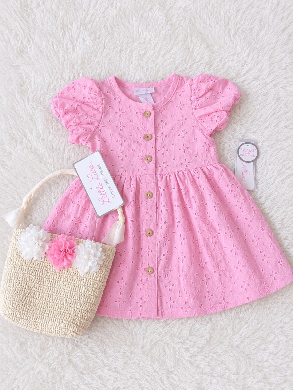 Little Lass Pink Eyelet Button-Front Dress with Puff Sleeves. Includes a Purse!